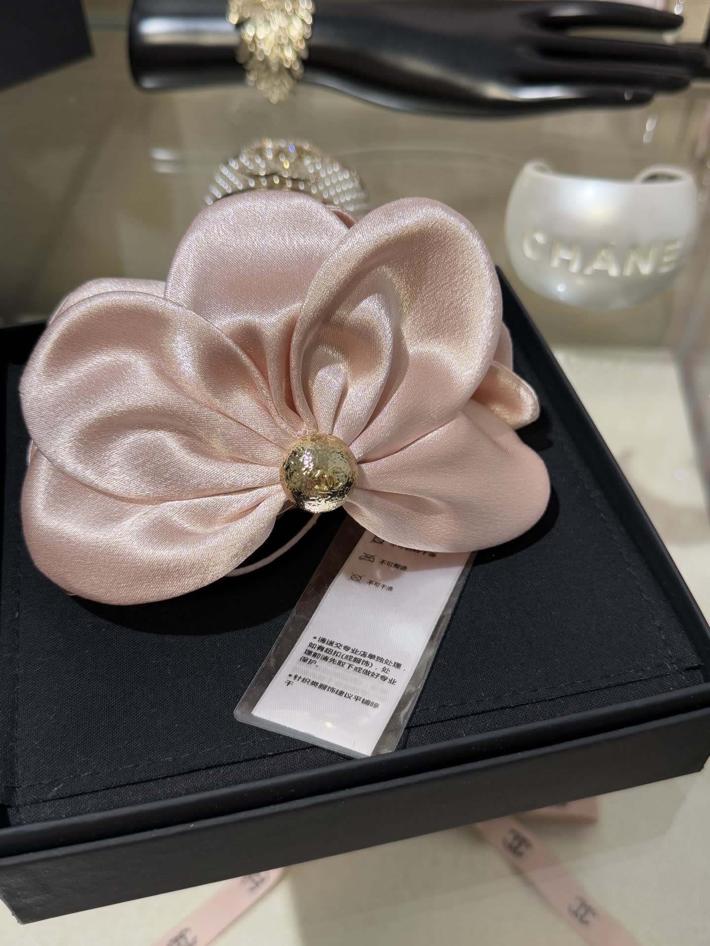Chanel Elegant Satin Flower Hair Clip with Pearl Accents